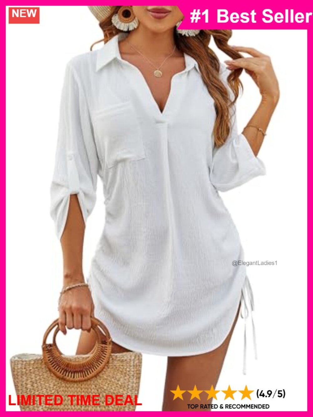 Drawstring Bikini Beach Dress Cover Up Shirt Collar Half Sleeve Polyester